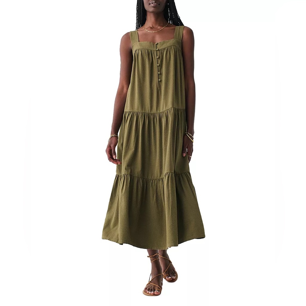 Faherty Military Olive Green Marina Tiered Seersucker Midi Dress Size Medium